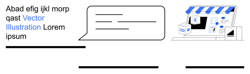 Digital commerce, online retail, delivery services, communication, small businesses, e-store setup. Speech bubble with text next to an e-commerce storefront and parcel. Digital commerce and online