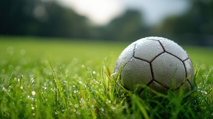 Fototapeta premium Soccer ball resting on dewy grass, early morning light creating fresh sport and recreation mood