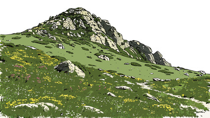 a green mountain with yellow flowers on its slope Vector © zon