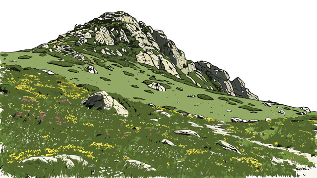a green mountain with yellow flowers on its slope Vector