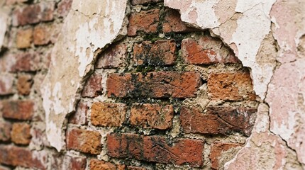 Cracked Plaster Revealing Weathered Red Brick Texture Aged Construction Material Detail