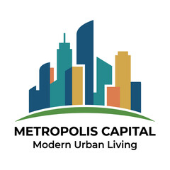 Obraz premium A vibrant logo showcasing a modern urban skyline representing a bustling city life, featuring skyscrapers in a range of colors and styles to convey innovation.