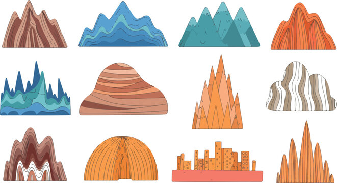 Stylized mountain and rock formation icon set featuring desert canyon cliffs and natural landscape elements in clean vector illustration style