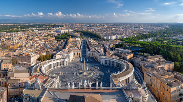 Panoramic Aerial View of St. Peter's Basilica and Square in Rome, Italy, Under a Blue Sky.