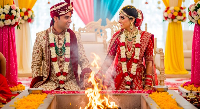 happy Newly married Indian bride and groom couple wearing traditional Indian wedding clothing and flower garland at hindu wedding ceremony ritual fire pit (havan kund) in mandap