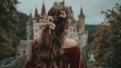 Fototapeta premium Romantic portrait of a woman with castle backdrop, fantasy fairytale, historical setting with a vintage aesthetic