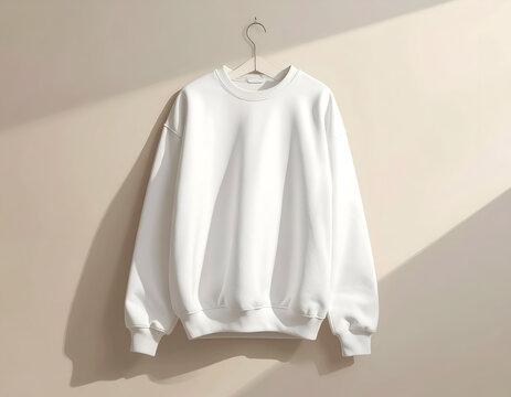 A plain white crewneck sweatshirt hanging on a wall