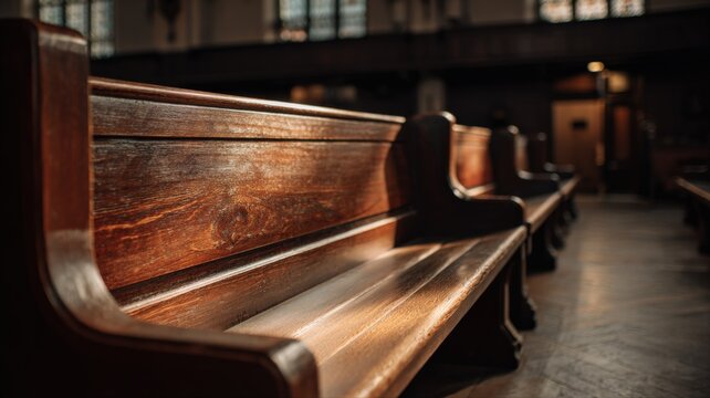 Wooden Church Pews Perspective View, Religious Architecture, Empty Seats, Dark and Moody Tone, Symbolic Place