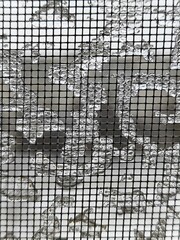 Fototapeta premium Frozen Ice Droplets on Mosquito Net Mesh Background. Winter frost and ice crystals clinging to a window screen mesh, creating a geometric abstract pattern.