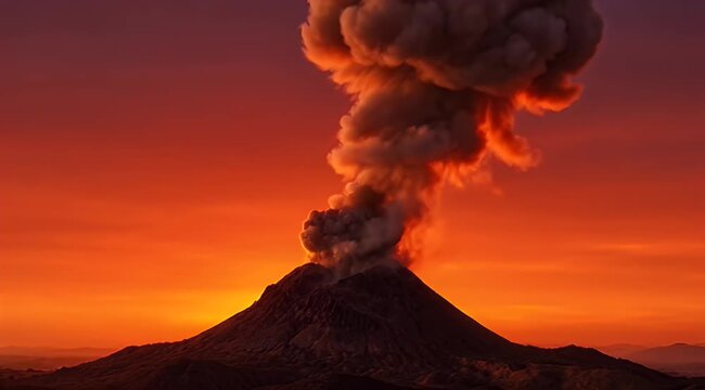 Dramatic volcanic eruption with a massive ash cloud against a vivid orange-red sky