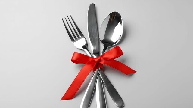 A beautifully set table with silverware tied with a red ribbon for a special occasion