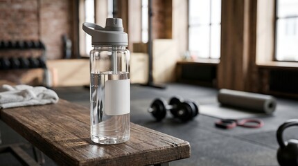 Water bottle on gym bench equipment. © Mustafa Stock