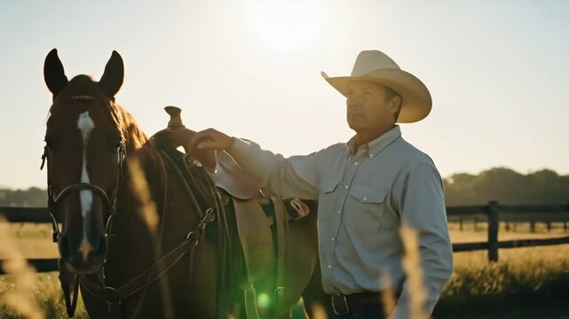A cowboy standing with his horse in a serene rural landscape during golden hour