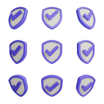3d purple shield checkmark icons set, minimalist isometric security badges for web interface.