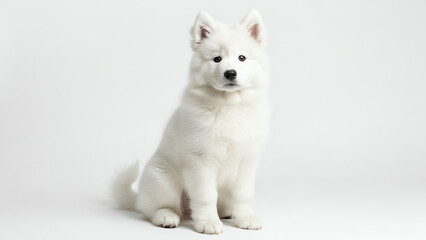 Fototapeta premium Puppy Adorable White Samoyed Dog with Fluffy Fur Sitting Calmly on a Clean Studio Background Looking Directly at Camera