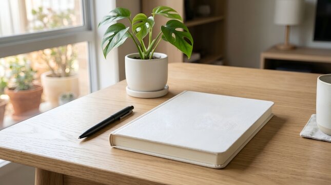 Wooden desk with notebook and plant.