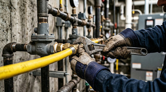 Workers connecting flexible pipe during ремонты сантехника maintenance