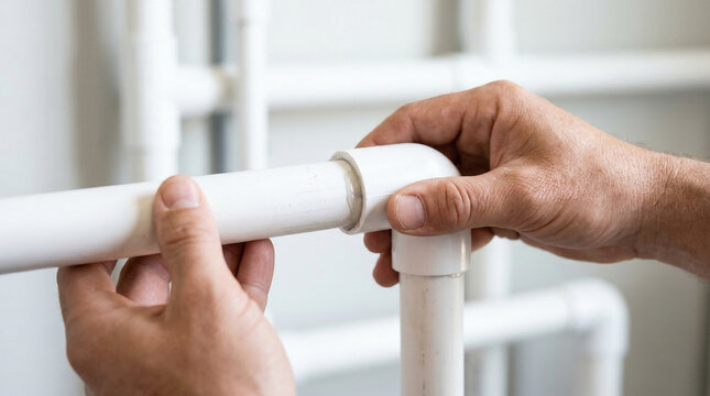 Worker connecting PVC fitting during ремонты сантехника pipe installation