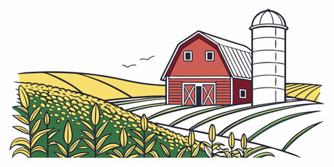 a red barn with a silo in a rural landscape Vector © RABBY