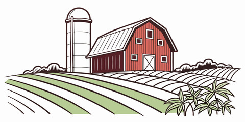 a red barn and silo on a farm with a field Vector © RABBY