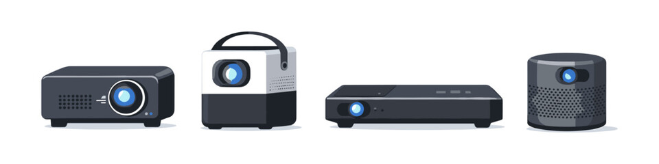 Collection of four different types of modern projectors displayed side by side