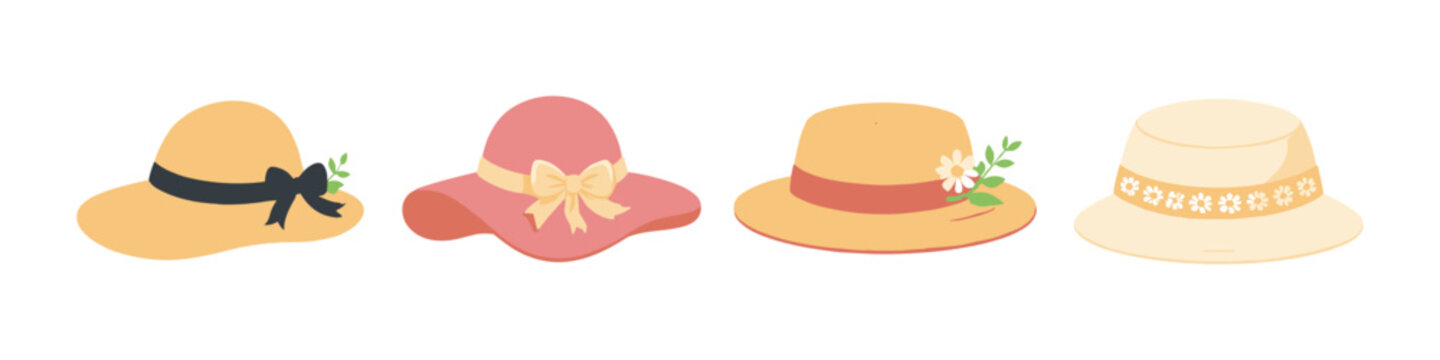 Collection of four stylish summer hats with decorative elements and ribbons