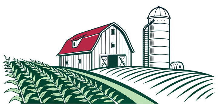 a farm with a red roofed barn and silo Vector
