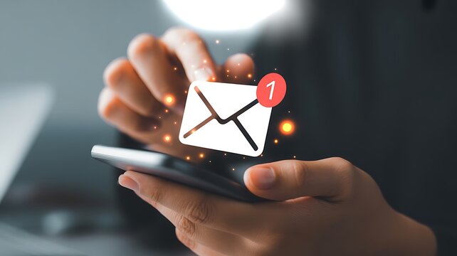 A hand holding a smartphone with an email notification on the screen
