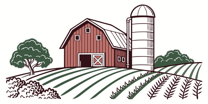 a red barn with a silo and trees on a farm Vector