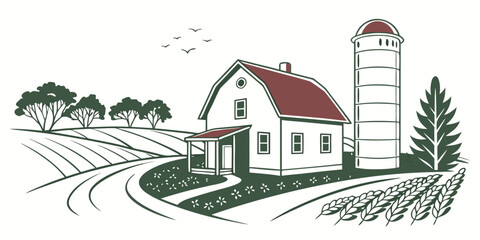 a white farm building with a red roof and a silo Vector © RABBY