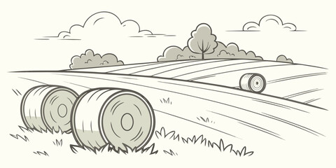 a black and white drawing of hay bales in a field Vector © RABBY