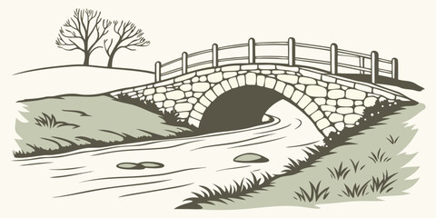Obraz premium a small stone bridge over a river with a tree in the background Vector