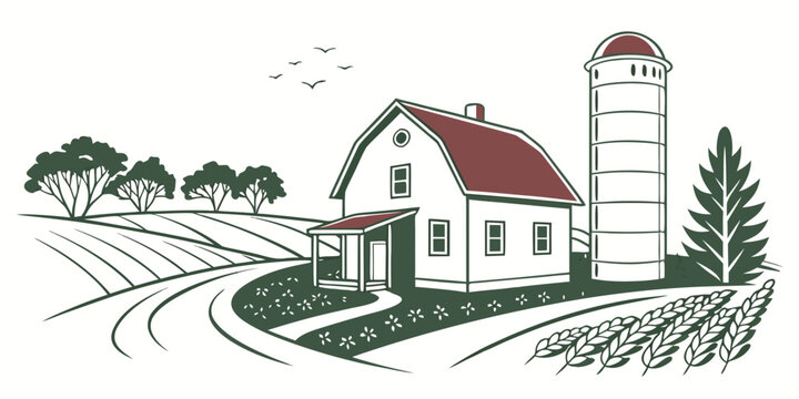 a white farm building with a red roof and a silo Vector