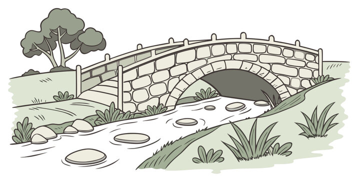 a stone bridge over a small stream in a rural setting Vector