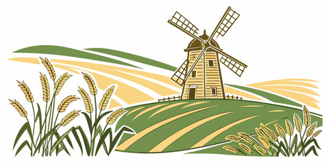 a windmill on a green hill with yellow flowers and wheat Vector © RABBY