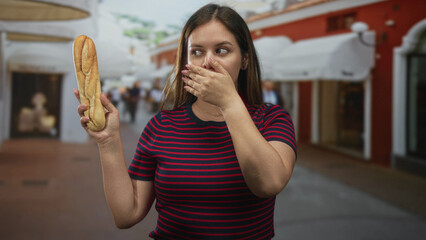 Woman holding baguette upright with closed eyes and flicks hair in a pedestrian street lined with shops and awnings  annoyance everyday life. © Krakenimages.com
