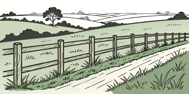 a wooden fence along a dirt road in a rural landscape Vector