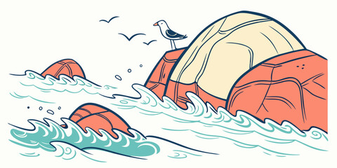 whale jumping out of the ocean with birds flying overhead Vector © RABBY