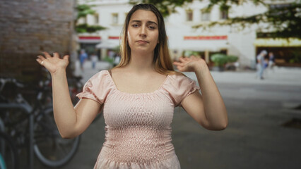 Fototapeta premium Woman shrugs with raised hands on a city street by bicycles and storefronts wearing a pink smocked dress; resignation.