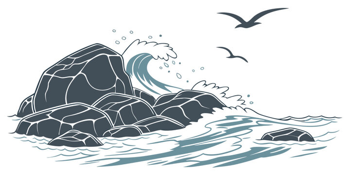 a large rock in the ocean with birds flying overhead Vector