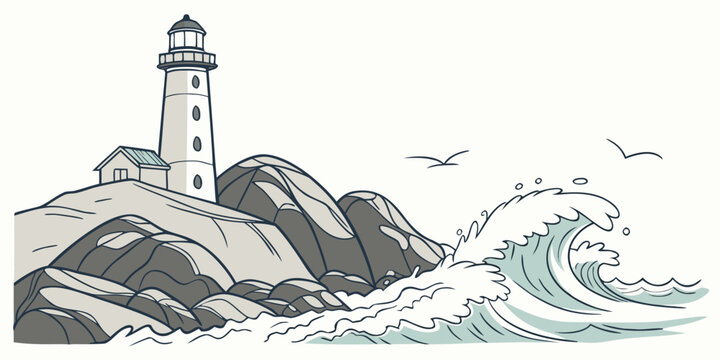 a lighthouse on a rocky coastline with waves crashing Vector