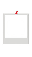 A blank polaroid photo with a red push pin isolated on transparent background