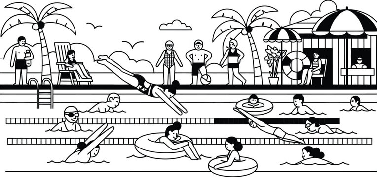 people swimming and relaxing at outdoor pool