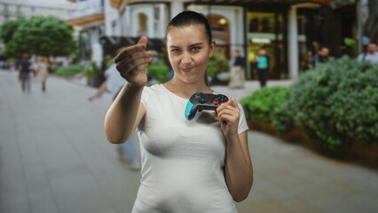 Woman holding a turquoise gamepad and making a dismissive hand gesture on a street, wearing a white t shirt and casual stance  boredom casual gaming leisure. © Krakenimages.com