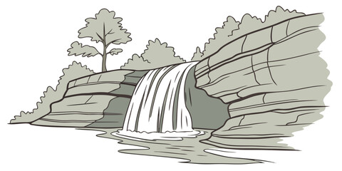 a waterfall cascading down a rocky slope with a tree Vector © RABBY