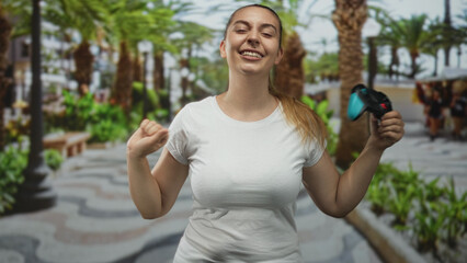 Woman holding gamepad with raised hand and bobbing head, dancing on street in white t shirt with ponytail and scrunchie  playful joy. © Krakenimages.com
