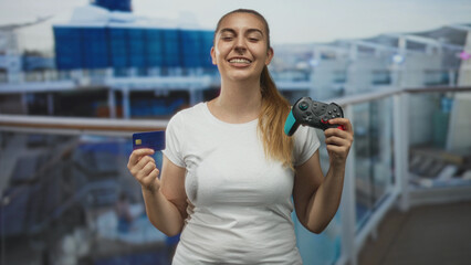 Woman holding a gamepad in right hand and a credit card in left, smiling with raised forearms and tilted head at airport terminal  playful fun. © Krakenimages.com
