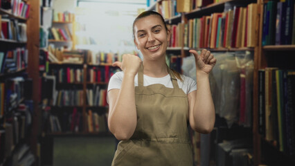 Woman in apron smiling and pointing thumbs to herself among tall bookshelves in a crowded bookstore aisle  friendly service. © Krakenimages.com