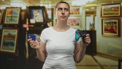 Woman holding gamepad and creditcard, raises eyebrow and shrugs while standing in gallery building among framed paintings and art displays  indecision shopping choice. © Krakenimages.com