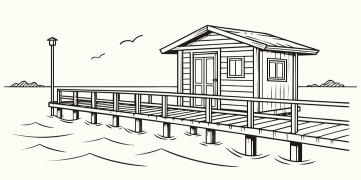 a small wooden house on a pier over the water Vector